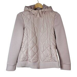 Time & Tru Quilted Jacket Pink Small Long Sleeve Hood Pockets Ribbed Zip Ottoman